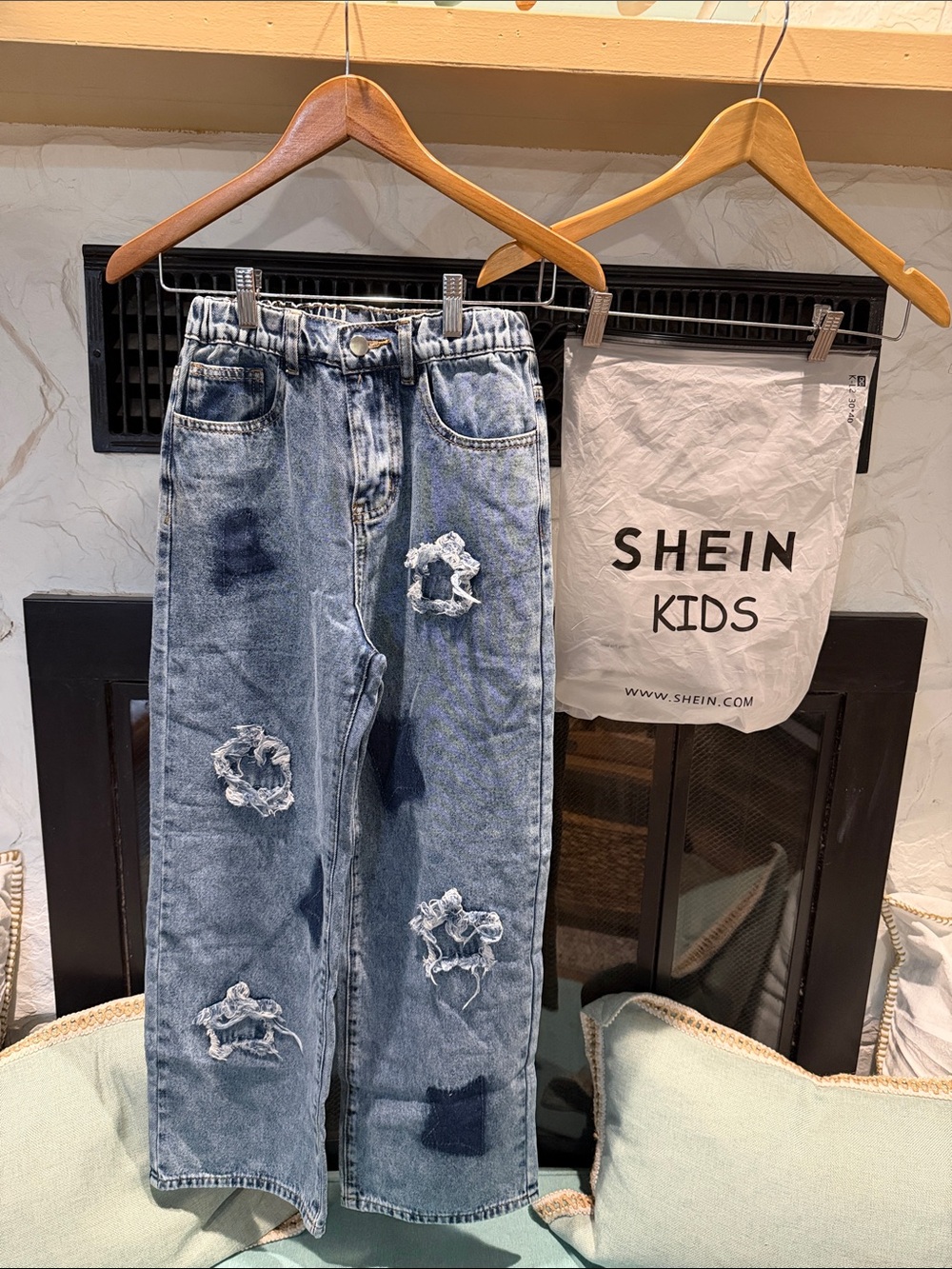 SHEIN Blue Kids Distressed Wide Leg Denim Jeans